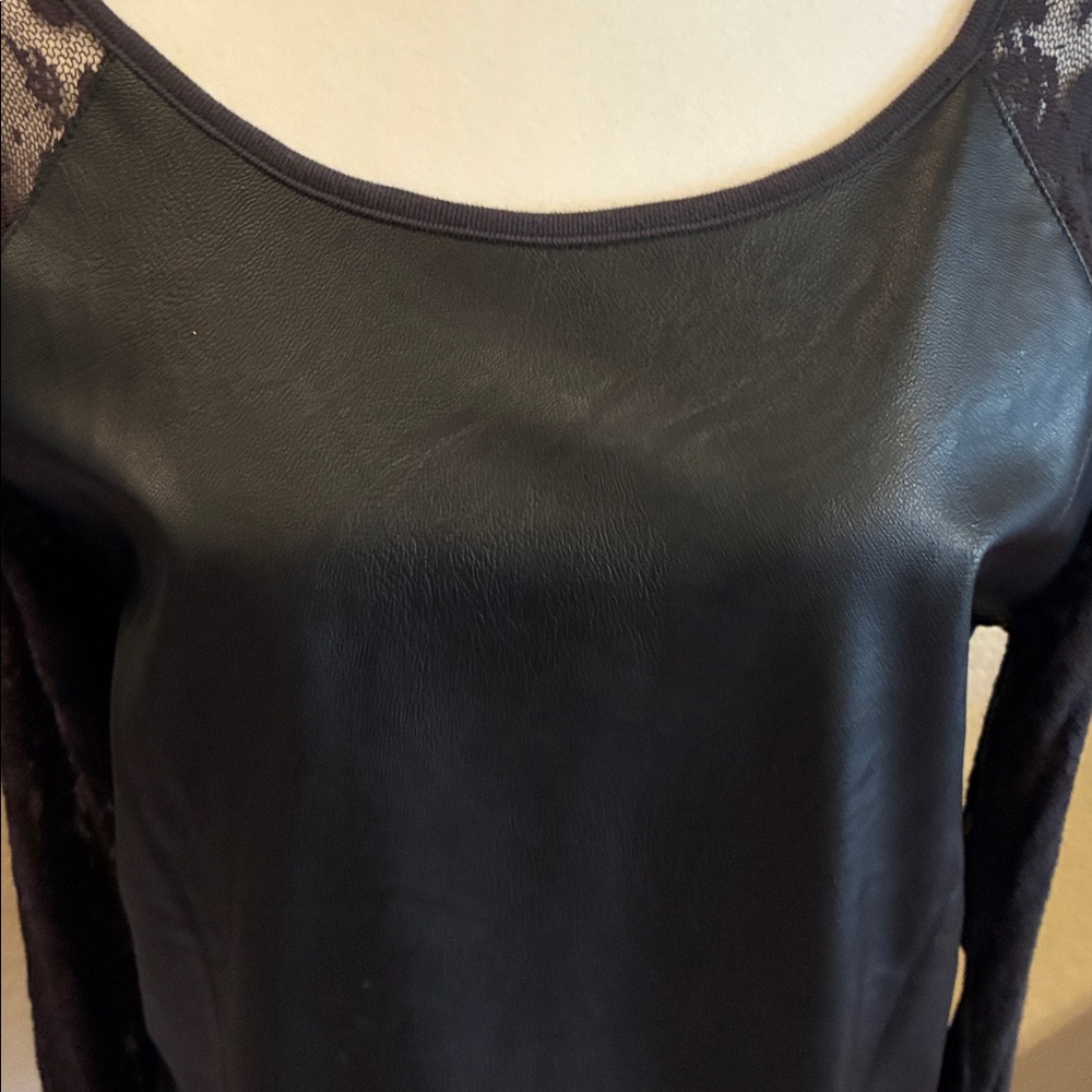 Hem and Thread faux leather top with lace sleeves. EUC - Picture 2 of 8